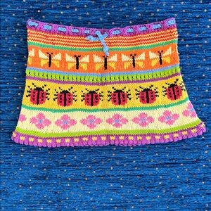 Girls colorful hand knit skirt size 5/6, drawstring tie, animal pattern